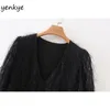 Moda Donna Vintage Black Metallic Thread Fringed Lady Manica lunga V Collo A-Line Mini Dress XZWM19198 210514