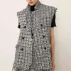 Houndstooth Tweed Vest Kvinnor Casual Tassels Pullover Vintage Ärmlös Dubbel Breasted Lapel Female Waistcoat Toppar 210430