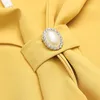Chiffon V Neck Shirt Women Fashion Summer Yellow Temperament Bow Tie High-End Half Sleeve Blouses Office Ladies Casual Work Tops 210604