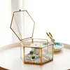 Vintage Hexagon Transparent Wedding Party Ring Box Metal Frame Glass Gift Box With Cover Surprise Explosion Box For Girlfriend 210402