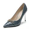 2022 Ny Lady High Heels Dress Shoes Pu Franska Vintage Pekade Toe Stiletto Pumps Metal Chain Business Work Shoes