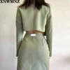 women limited edition green pocket short suit flight attendant zipper textured skirt set Retro sexy skirts 210520
