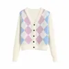 Vintage argyle pink Cardigan sweater women crop Sweater Fashion Long Sleeve knitted casual coat Chaqueta 210521