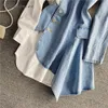Casual Kleider 2021 Frühling Damenmode Unregelmäßige Denim Patchwork Langarm Hemd Kleid Weiß Und Blau Temperament