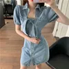 Blue Turn Down Collar Button Short Sleeve Mini Denim Dress Solid Summer Women Female D1802 210514