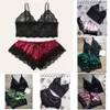 Women Lace Bow Pajama Vintage V Neck Panties Underwaist Two Piece Shorts Set Ladies Sexy Satin Sleeve Less Lingerie Fashion