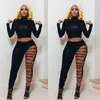 Black Sexy 2 Piece Set Women Clothing Sets Fall Crop Top and Hollow Out Pants Suit Club Birthday Outfits for Women Matching Sets Y0625