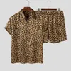 Męskie koszulki Mężczyźni 2 sztuki Zestawy Lapel Leopard Drukowane Koszulka z krótkim rękawem na Casual Beach Spodenki Streetwear Hawaiian Odzież