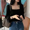 Herfst Vintage Zwart Lange Mouw Dames Vierkante Kraag Korte Sexy Corset Top Blouse Femme Casual Vrouwelijke Shirts 12455 210508