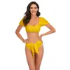 Puf Kollu Bikini Set Bandaj Strappy Sarı Mayo Kadınlar Yüksek Bel Mayo Mayo Beach Bequini Biquini 210604