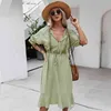 Verão Vintage Beach Midi Vestido Verde Das Mulheres Sólida A-Linha Para Botão Doce V-Pescoço Botão Feminino Vestidos 210508