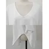 Дуговая линия сплошной футболки Femme Корейский V-образным вырезом Белая хлопковая футболка Top Женская летняя половина рукава Свободная футболка 13683 210521