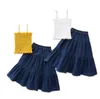 Kids Baby Meisje Kleding Set 2021 Zomer Kinderen Effen Kleur Ruched Cami Crop Top + Ruche Denim Rokken Casual Girls Outfits