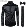 Noir Hommes Chemises Habillées En Soie 3 Pcs (Chemise + Cravate + Noeud Papillon) Chemise En Satin Lisse Hommes Slim Fit Party Prom Chemises Décontractées Hommes Social Camisa 210410