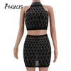 Fanieces Summer Women Diamonds Two Piece Set Klänning Ärmlös Halter Crop Top och Bodycon Mini Skirt Sexiga Night Club Outfits 210520