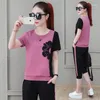 تشغيل مجموعات الصيف النساء الرياضة البدلة قصيرة الأكمام فضفاض البلوز + sweatpant jogger الزي اللياقة البدنية عارضة مجموعة رياضية رياضية رياضية