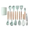 newSilicone Kitchen Tools With Wooden Handle 12 Pcs Set Non-sStick Pan Spade Leak Spade Soup Spoon Cooking Oil Brush Kitchen Utensils EWC695