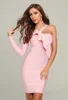 Winter Women Sexy Ruffles Pink Bandage Dress Ladies Elegant Designer Bodycon Party Vestido 210527