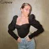 Cutnew Elegante Romântico Irregular Colhido Corset Top Mulheres Elegante Sof Slow Sleeve Crop Top Skinny Casual Streetwear Feminino Y0629