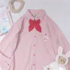 Lolita Shirt Autumn Women Blouse Bow Bandage Kawaii Pink Blouses Japanese Style Cartoon Embroidery Tops Blusas 23168 210519