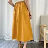 SURMIITRO 100% Cotton Midi Long Skirt Women Summer Fashion Korean Style Yellow High Waist Mid-Length Pleated Skirt Female 210712