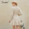 Elegant diamond pattern A-line women winter V-neck pearl button belt ruffled dresses High street warm mini dress 210414