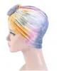 Kvinnor Turban Tie Dyeing Headwrap Färgglada tryckta Pre-Tied Flower Knot Bonnet Hat för tjejer