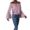 Women's T Shirts Women's T-Shirt Women Sweet Off Shoulder Long Flared Sleeve Bowknot Wrap Pink Shirt Tops