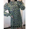 Women Chic Fashion Floral Print Pleated Mini Dress Vintage High Neck With Lining Female Dresses Vestidos Mujer 210416