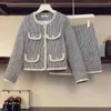 Herfst winter vintage tweed 2 stuk set vrouwen korte wollen jas jas + bodycon mini rok pakken elegante twee outfits 210514