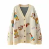 Cute Cartoon Bear Cardigan Women Casual Loose Long Sleeve Button Outwear Autumn Winter Korean Warm Knitting Jumper 210419