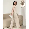 Womens Summer Jumpsuit Elegant Long Loose High Waist Drape Beige Wide Leg Pants Fashion Jumpsuits 210608