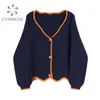 Spring Korean Sweater Women Vintage Navy Blue Cropped Collar Cardigan Knitted Outer Loose Long Sleeve Elegant Casual Tops 210417