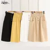 Spring Women Skirts Elastic Waist Vintage Korean Loose A Line Cotton Midi Skirt Single Breasted Solid Skirt Faldas 9905 210518