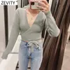 Zevity Women Fashion Cross V Neck Solid Färg Kort Knitting Sweater Kvinna Chic Långärmad Hem Bow Bundet Slim Tops S621 210603