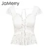 Jamerry Boho White Women Shirt Ruffled Hollow Out Top Donna Back Lace Up Fashion Streetwear Camicetta Lady Top Q190508