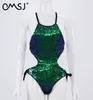 Green Sequined Bodysuit Women Summer O Neck Sleeveless Bodycon Jumpsuit Top Backless Combinaison Femme Sexy Bodysuits 210517