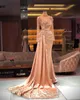 2022 Lyxig Blush Rosa Sexiga Prom Klänningar Mermaid High Neck Crystal Beading Långärmad Open Back Afton Dress Party Pageant Formella klänningar Sweep Train Plus Storlek