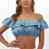 Dames Korte Top Sexy Blouse Off Shoulder Puff Sleeve Solid Color Ruche Tuniek Crop Summer Tube 210514