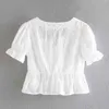 Été Style français Vintage blanc broderie col carré perle boucle manches bouffantes dentelle chemise femme courte Chic 210508