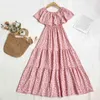 Zomer Casual Vrouwelijke O-hals Ruffled Long Dress Sweet Women Loose Floral Print Beach Fairy 210423