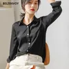 Autumnspring Elegant Kvinnor Blus Singelbröst Lapel Solid Satin Svart Vit Gröna Skjortor Kvinna Casual Wild Office Lady Tops 210520