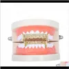 Grillz、Dental Body Jewelry Drop Delivery 2021 18K Gold Plated Open Face Hollow Hollow Dother Cuban Link Teeths Grills do7az