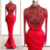 Vestidos de luxo vermelho Vestidos de manga comprida Lace Appliqued Frisado Sereia Prom Vestido de Prom Vergre Trem Custom Formal Party Party