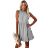 Lato Solidna Ruffle Sukienka Kobiety Casual O Neck Plised Bez Rękawów Luźna Linia Mini Elegancka Wysoka Talia Plaża Party Sundress 210526