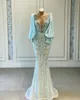 2021 Sexy Luxury Light Blue Prom Dresses Jewel Neck Illusion Mermaid Long Sleeves Lace Appliques Crystal Beaded Pearls Satin Formal Party Dress Evening Gowns