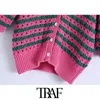 TRAF femmes mode rayé recadrée tricoté Cardigan pull Vintage col en V à manches courtes vêtements de dessus pour femmes Chic hauts 210415