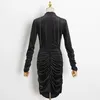メタルチェーンブラックドレス女性スタンドカラー長袖ハイウエストRuchedスリムドレス女性ファッション210520