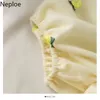 Neploe Women Dress Sweet Gauze Patchwork Strawberry Embroidered Square Collar Vestidos Summer Pleated Slim Puff Sleeve Dresses 210422