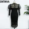 Plus size 5xl Eleganti abiti da corpo in pizzo in pizzo mesh maniche lanterna slim fit medi serata sera eventi neri omessi omessi 210527